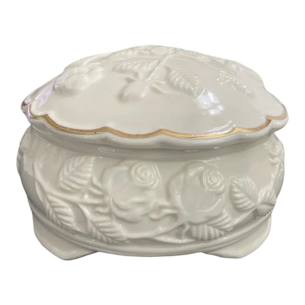 Bisque Porcelain Raised Rose Pattern Gold Trimmed Storage Box Footed